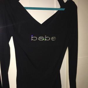 Bebe SWAROVSKI LOGO Long SLEEVE DOUBLE V-NECK TEE